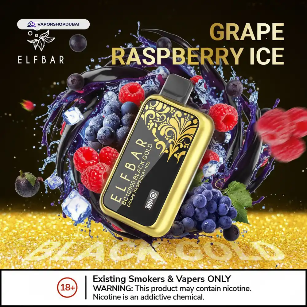 Elf Bar BC10000 Puffs Disposable Vape In UAE 41 grape-raspberry-ice-black-gold