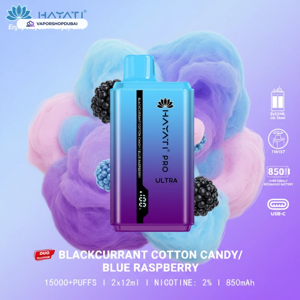 Hayati Pro Ultra 15000 Puffs Disposable Vape In UAE 57 blackcurrant-cotton-candy-blue-raspberry