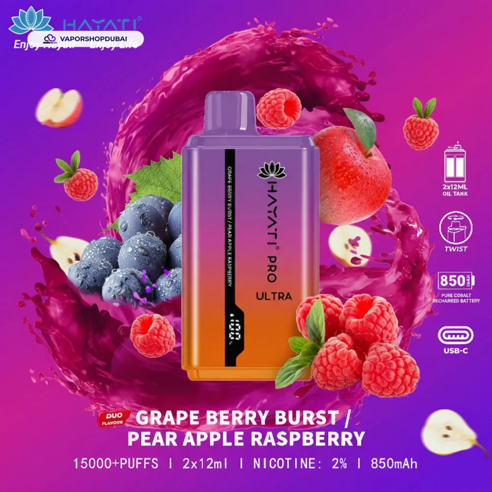 Hayati Pro Ultra 15000 Puffs Disposable Vape In UAE 62 grape-berry-burst-pear-apple-raspberry