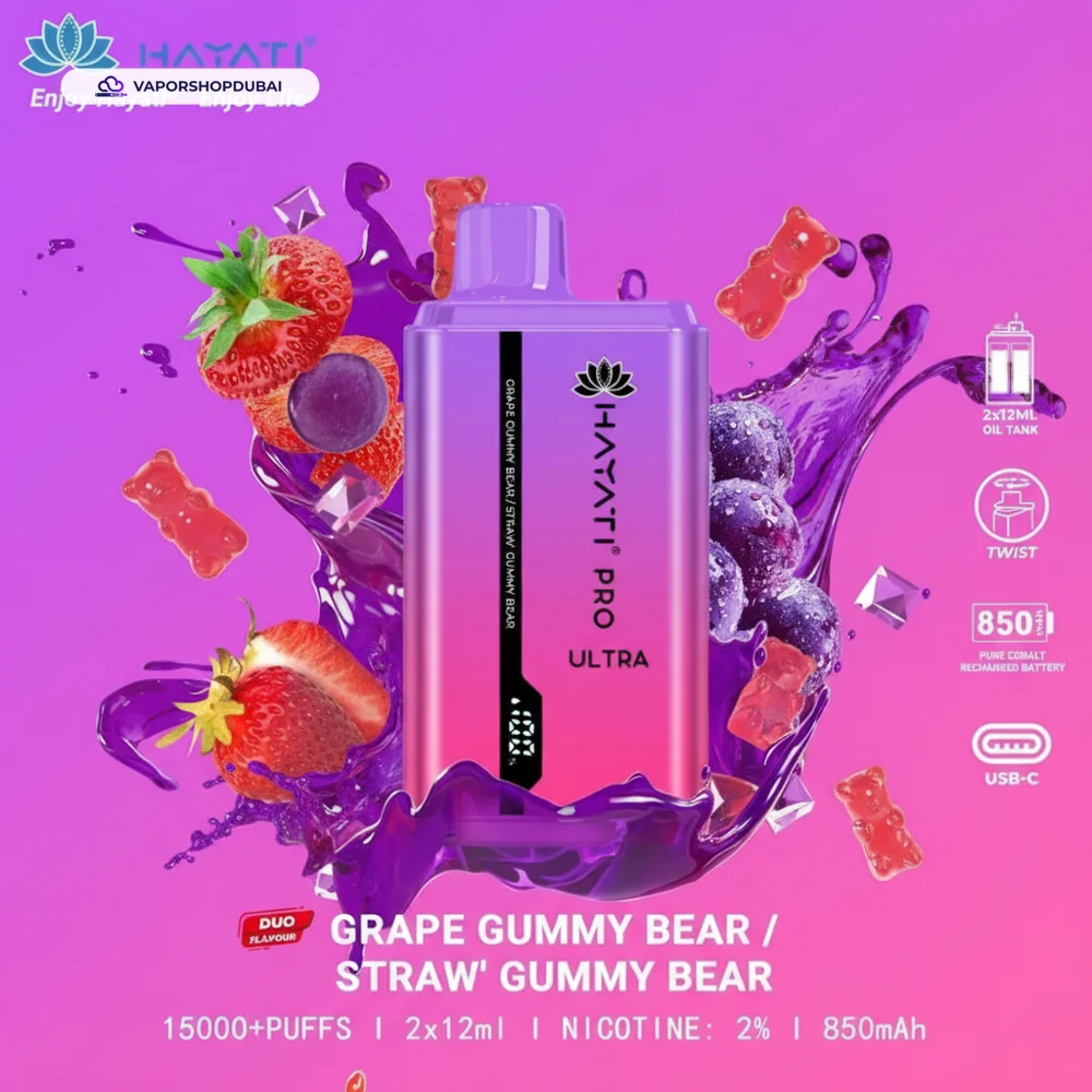 Hayati Pro Ultra 15000 Puffs Disposable Vape In UAE 53 grape-gummy-bear-straw-gummy-bear