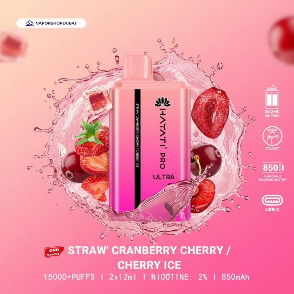 Hayati Pro Ultra 15000 Puffs Disposable Vape In UAE 66 straw-cranberry-cherry-cherry-ice