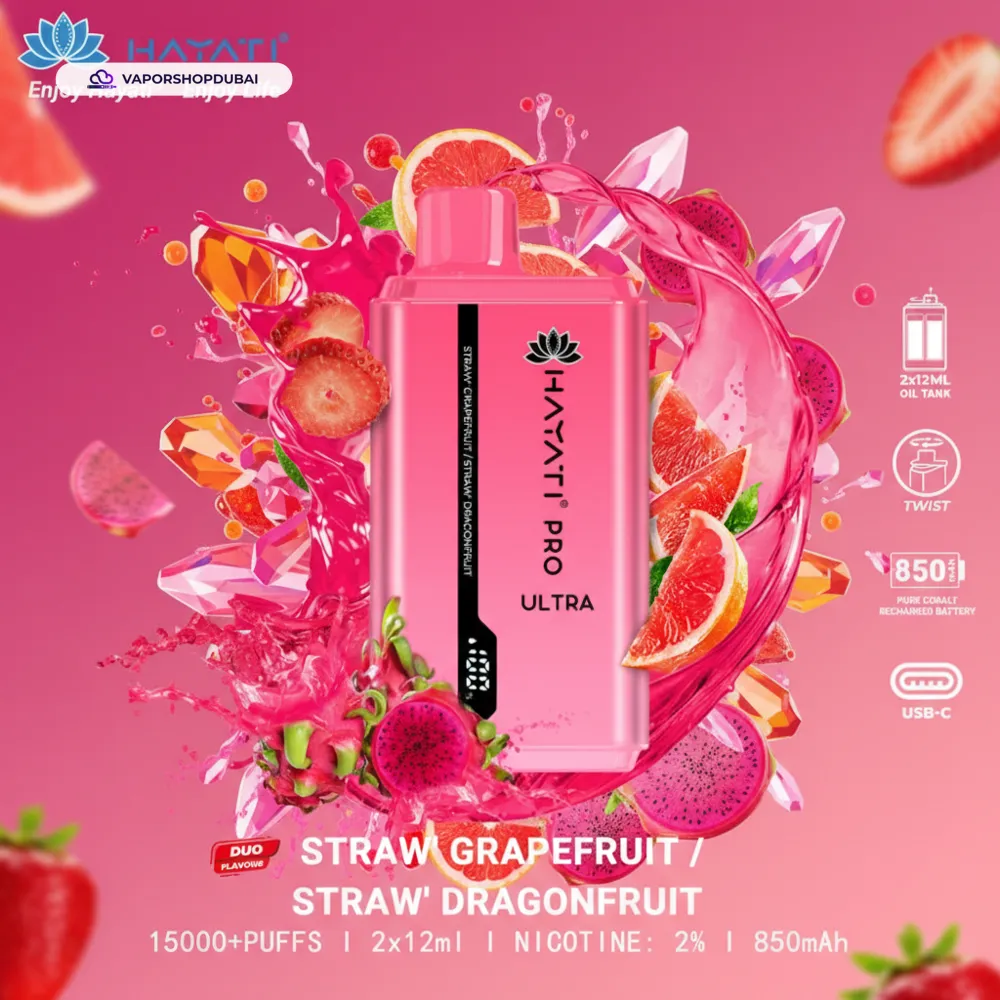 Hayati Pro Ultra 15000 Puffs Disposable Vape In UAE 67 straw-grapefruit-straw-dragonfruit