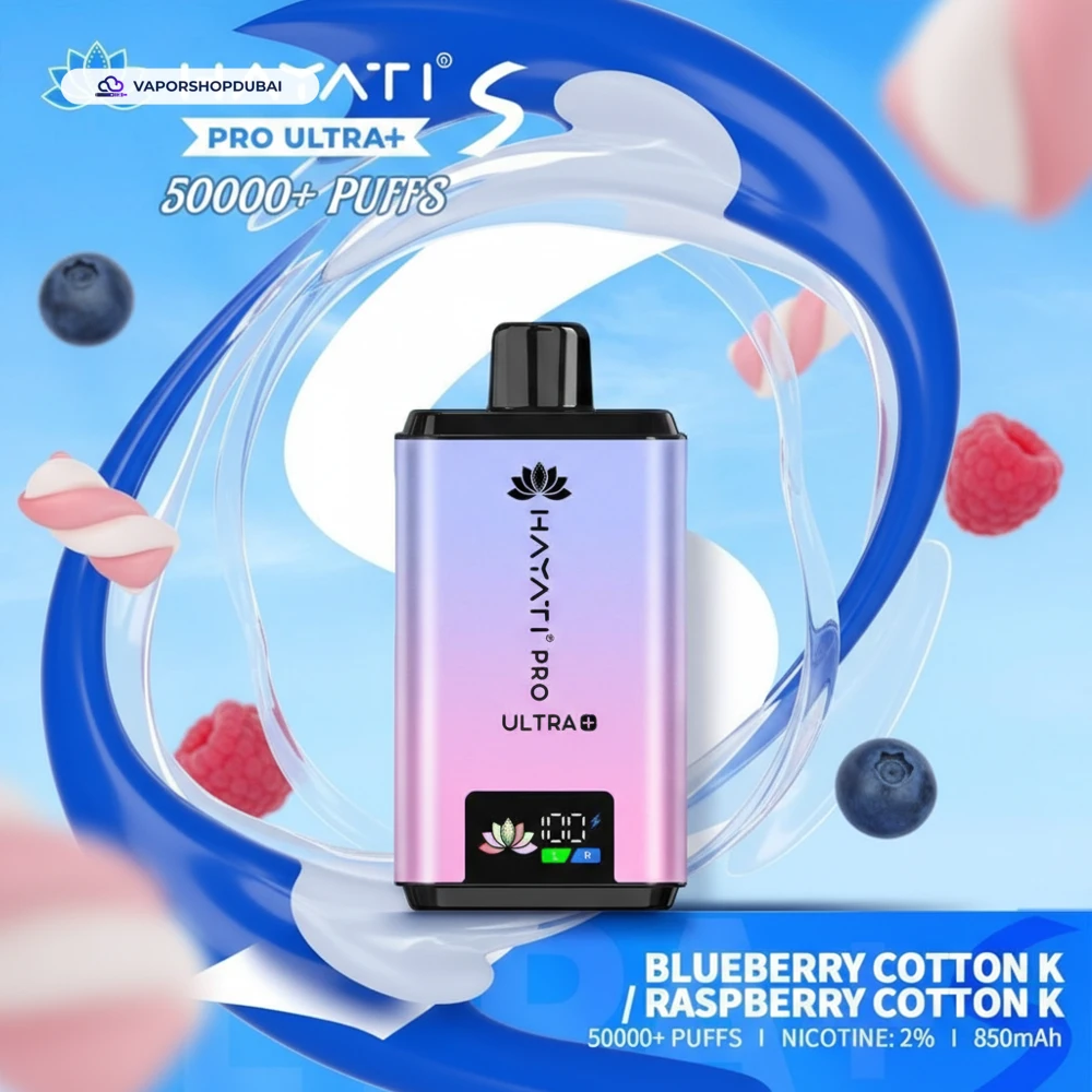 Hayati Pro Ultra+ S 50000 Puffs Disposable Vape In UAE 47 blueberry-cotton-k-raspberry-cotton-k