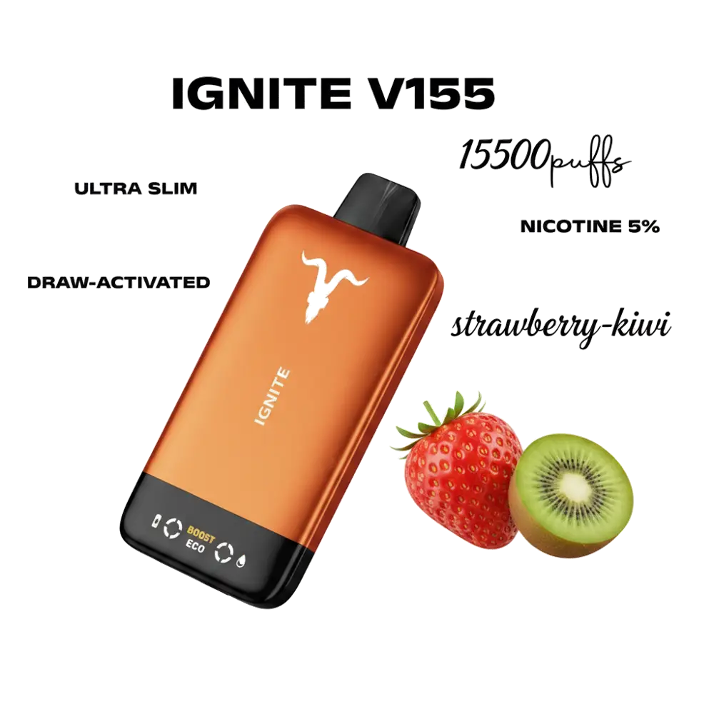 IGNITE V155 15500 puff Vape Ultra Slim Pod Kit 7 IGNITE V155 15500puffs Disposable Vape Ultra Slim Pod Kit in the UAE strawberry-kiwi premium transparent
