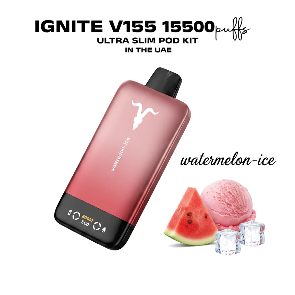 IGNITE V155 15500 puff Vape Ultra Slim Pod Kit 11 IGNITE V155 15500puffs Disposable Vape Ultra Slim Pod Kit in the UAE watermelon-ice premium transparent